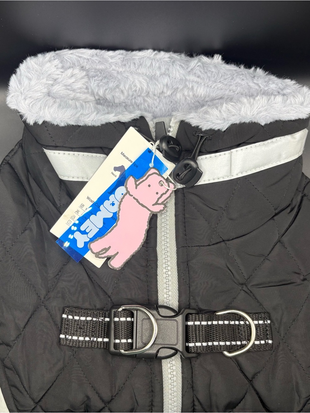 Quilted Black Dog Coat with Faux Fur Collar